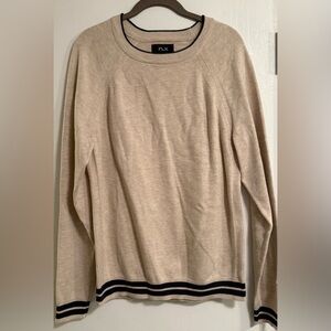 FLX Men’s Lightweight Knit Sweater • Oatmeal/Tan with Navy Trim • Size M